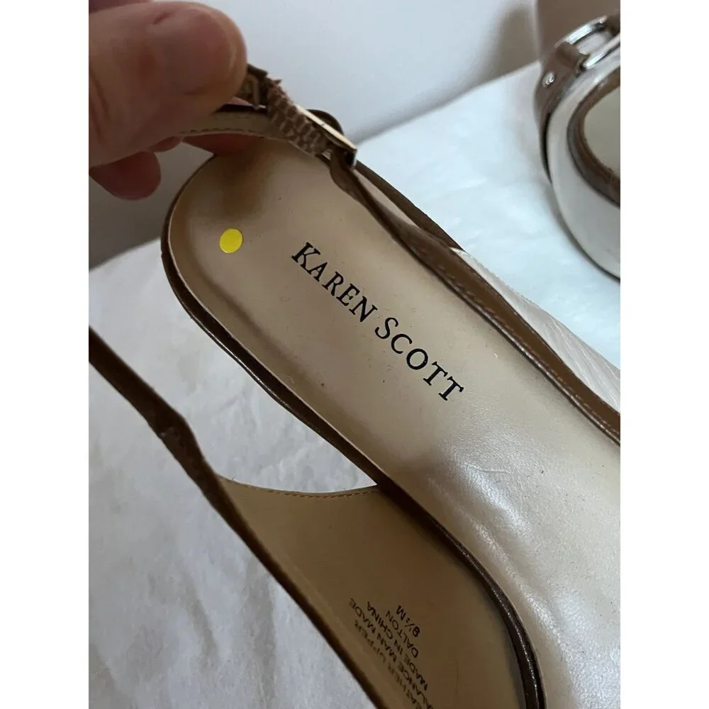 Y2K Vintage Leather Slingback Kitten Heel Spectator Pumps Cap Toe Brown White - Picture 3 of 11